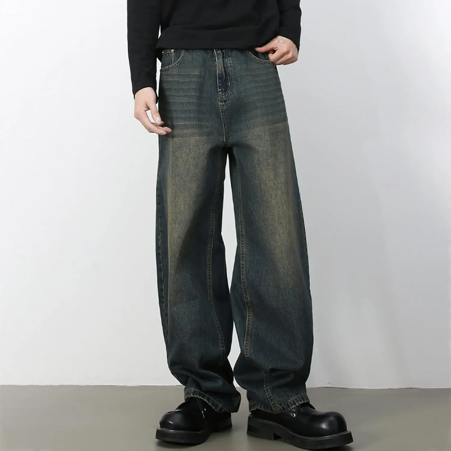 Men's Baggy Wide Leg Barrel Jeans Vintage Plain Washed Relaxed Fit Denim Pants Causal Trendy Cutlass Streetwear