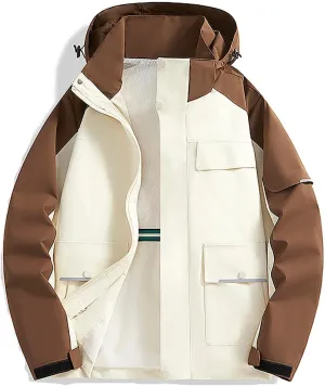 Mens Casual Rain Jacket Fashion Color Block Preppy Windbreaker Hooded Jacket Coats Outdoor Hiking Travel Raincoat