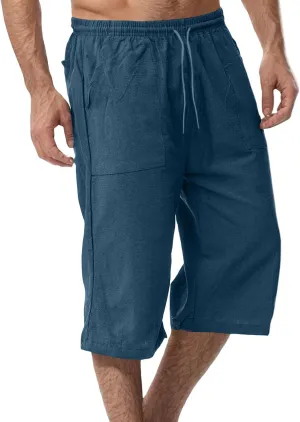Men's Cotton Linen Capri Pants Drawstring 3/4 Long Shorts for Men Lightweight Elastic Waist Casual Yoga Pant