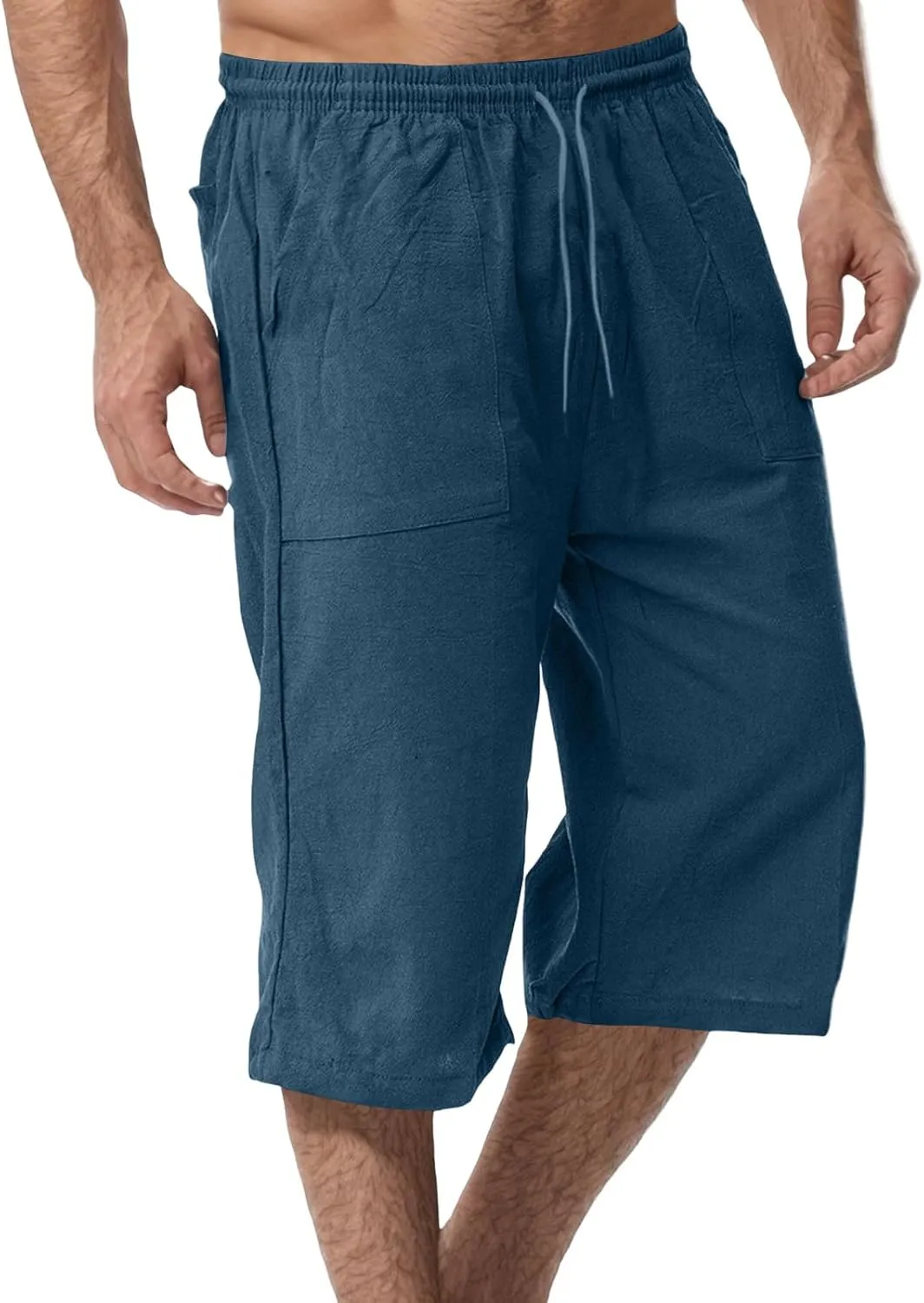 Men's Cotton Linen Capri Pants Drawstring 3/4 Long Shorts for Men Lightweight Elastic Waist Casual Yoga Pant