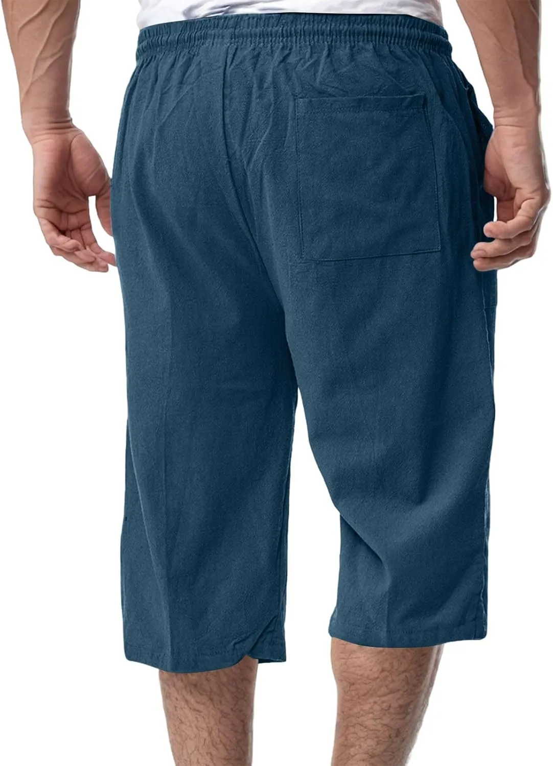 Men's Cotton Linen Capri Pants Drawstring 3/4 Long Shorts for Men Lightweight Elastic Waist Casual Yoga Pant