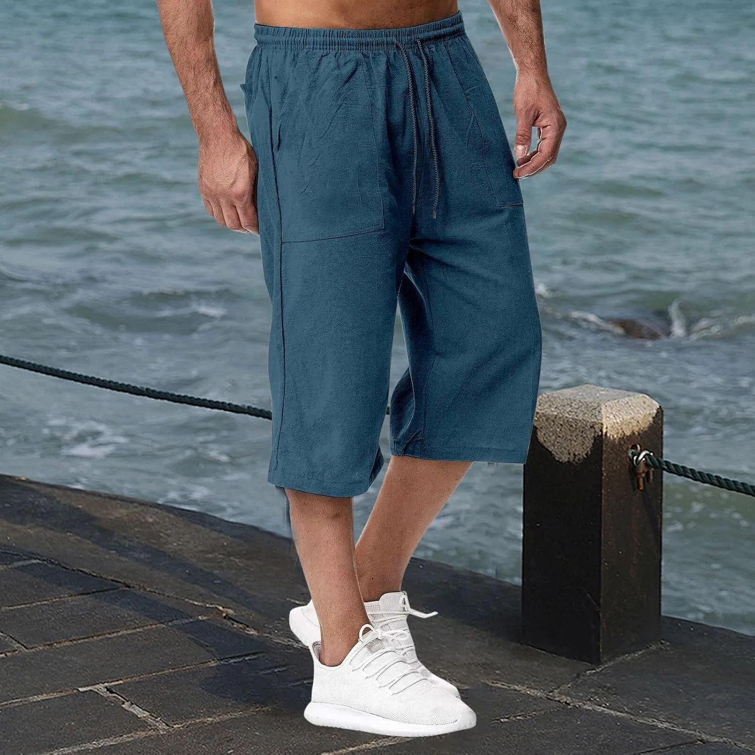 Men's Cotton Linen Capri Pants Drawstring 3/4 Long Shorts for Men Lightweight Elastic Waist Casual Yoga Pant