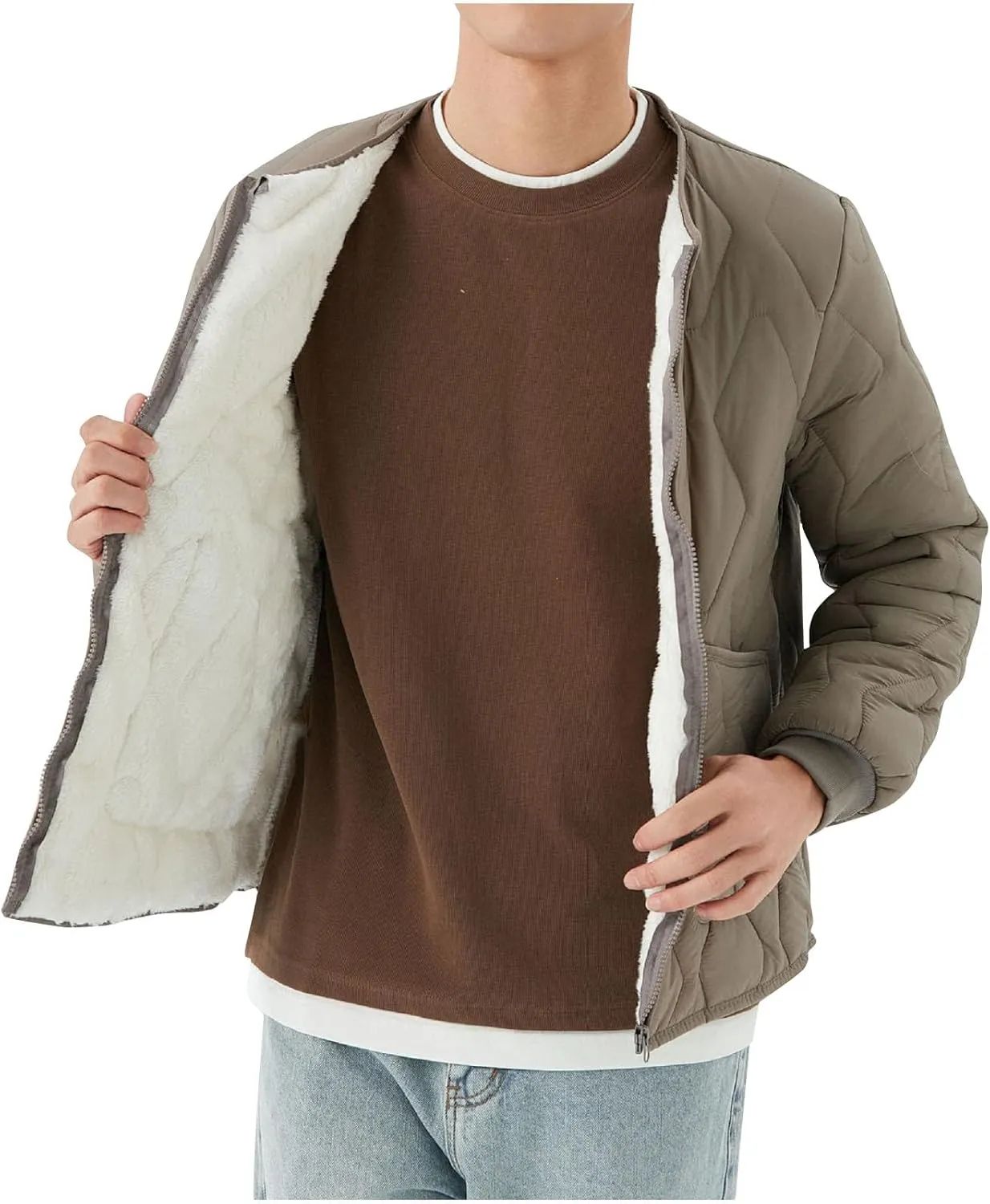 Men's Flight Bomber Jacket Sherpa Fleece Lined Full Zip Up Quilted Coat Winter Warm Lightweight Padded Coats
