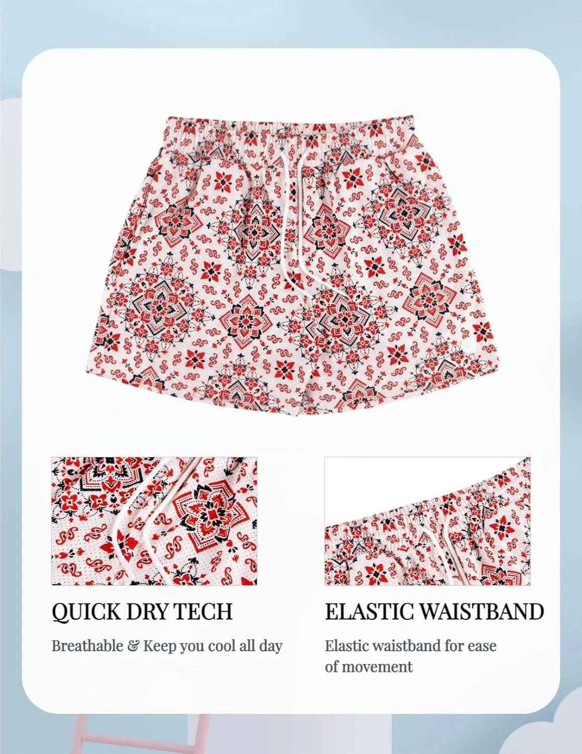 Men's Floral Basketball Shorts 4" Inseam - Lightweight Quick Dry Gym Shorts with Drawstring for Running, Workout & Casual