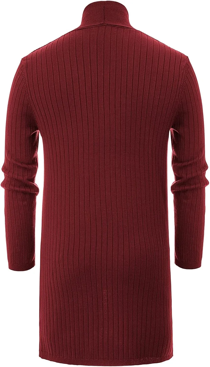Men's Shawl Collar Open Front Long Cardigan Ribbed Knit Sweater with Pockets