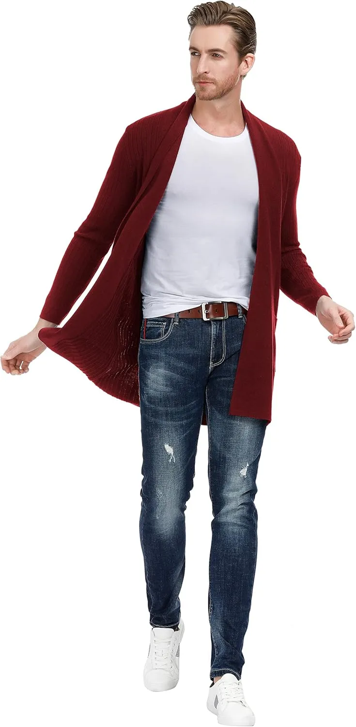 Men's Shawl Collar Open Front Long Cardigan Ribbed Knit Sweater with Pockets