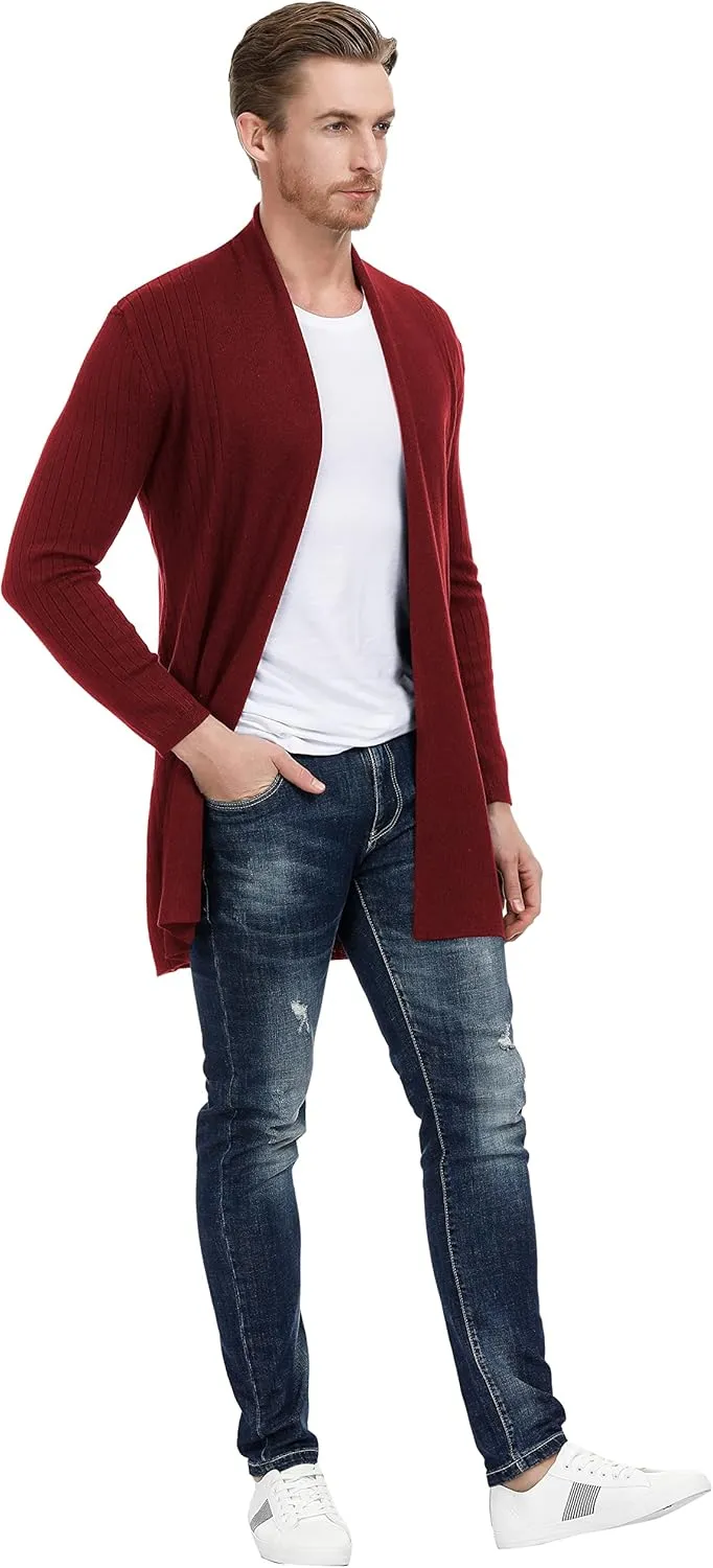 Men's Shawl Collar Open Front Long Cardigan Ribbed Knit Sweater with Pockets