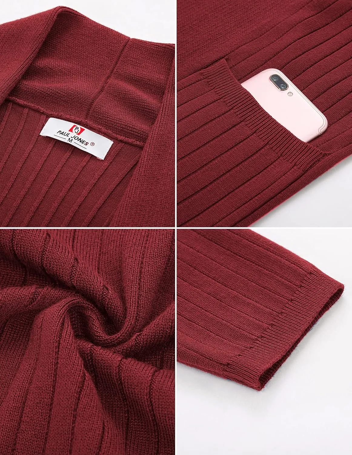 Men's Shawl Collar Open Front Long Cardigan Ribbed Knit Sweater with Pockets