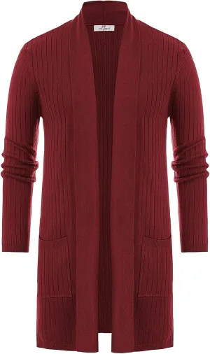 Men's Shawl Collar Open Front Long Cardigan Ribbed Knit Sweater with Pockets