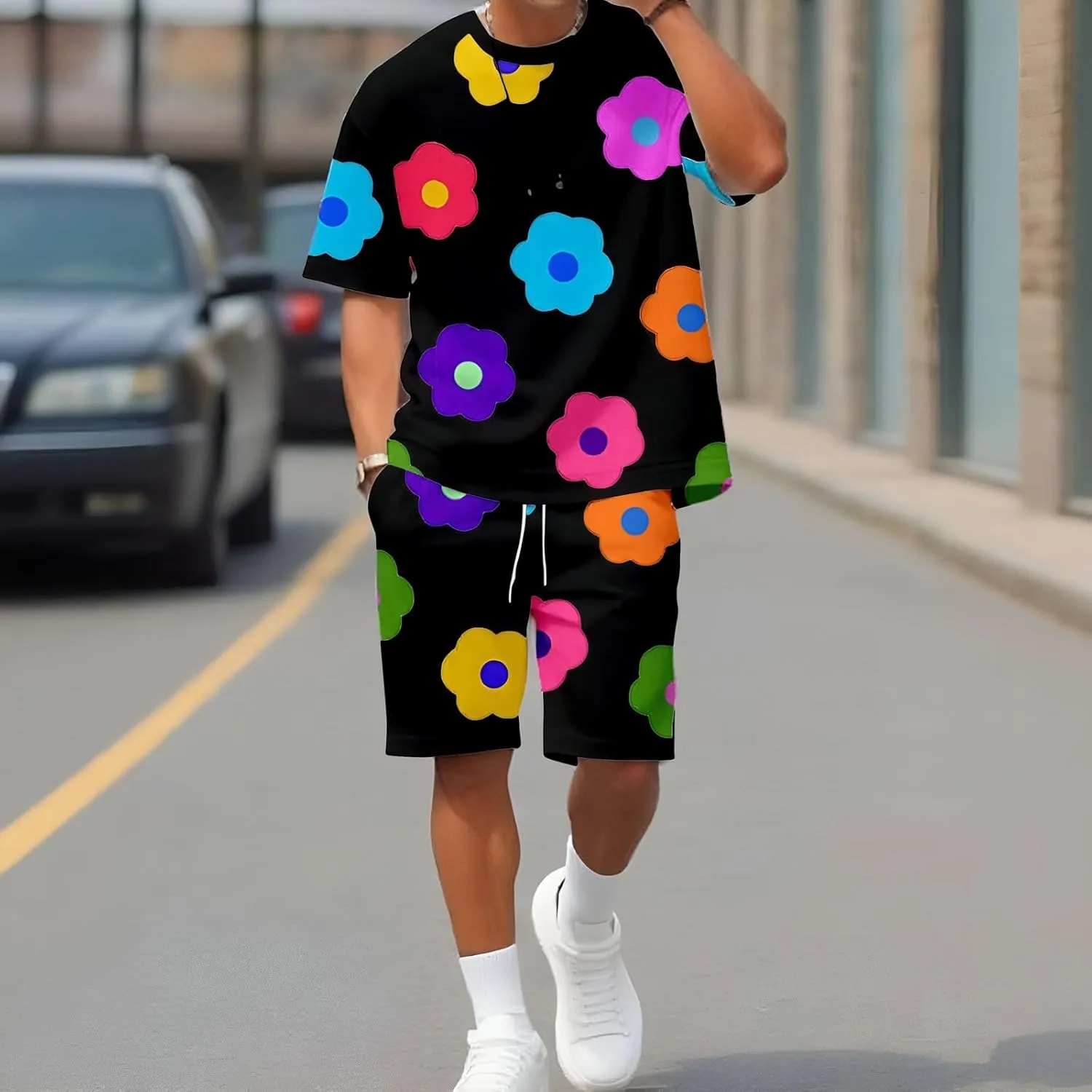 Mens Short Sets 2 Piece Outfits Fashion Summer Tracksuits Casual Crewneck Tee Shirts and Shorts Set for Men with Pockets