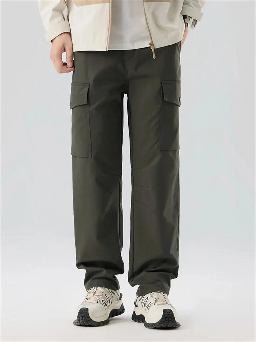 Men's Spring Autumn Straight Cargo Pants Multi-Pockets Elastic Waist Workwear Loose Casual Pants Solid Trousers
