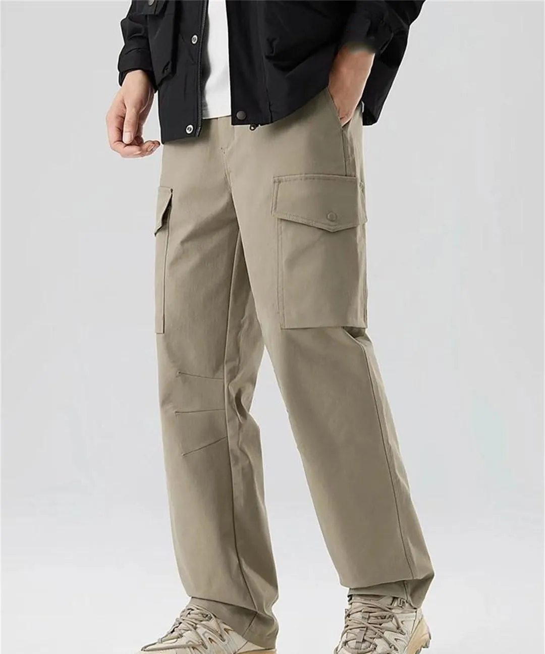 Men's Spring Autumn Straight Cargo Pants Multi-Pockets Elastic Waist Workwear Loose Casual Pants Solid Trousers