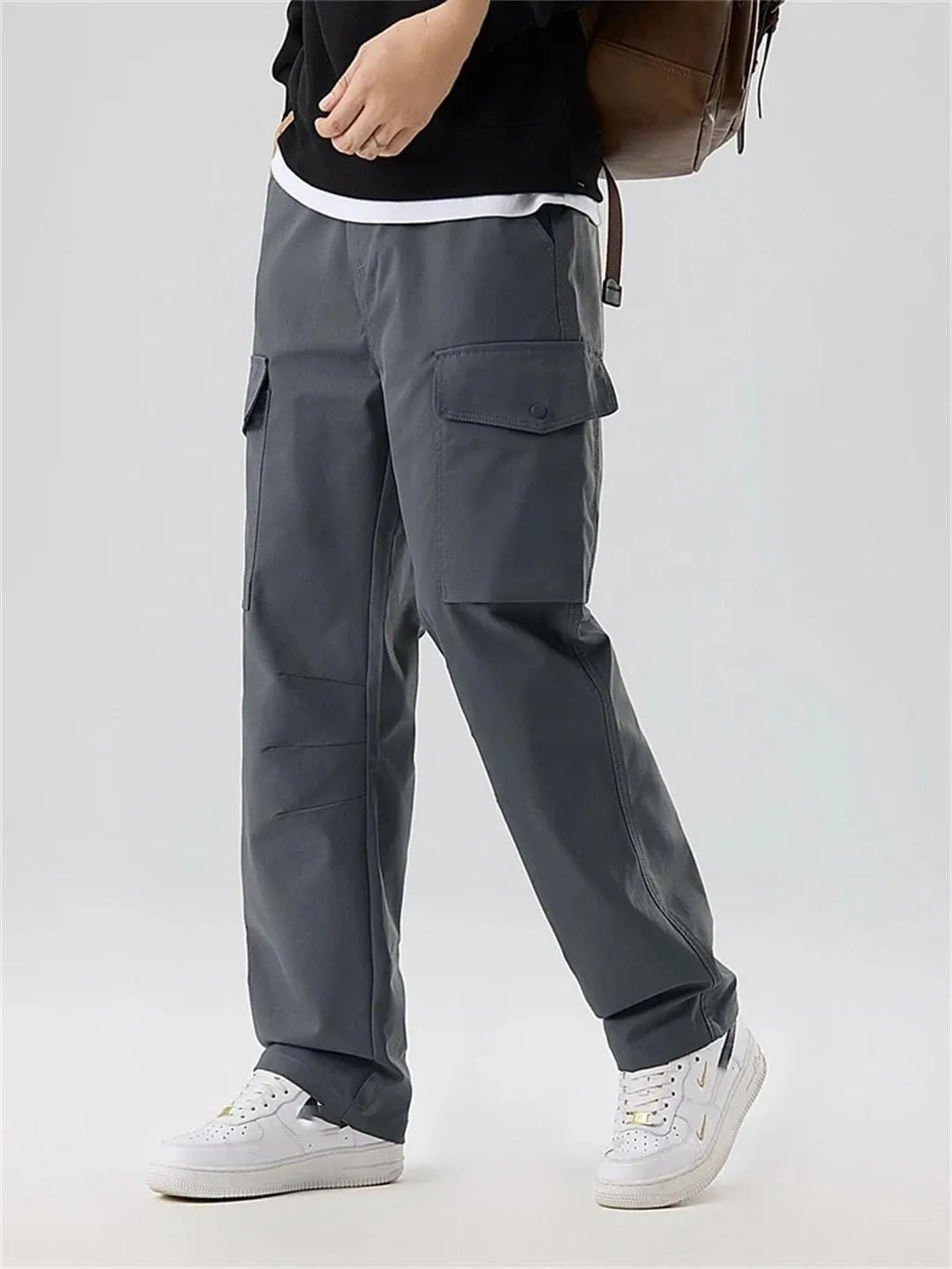 Men's Spring Autumn Straight Cargo Pants Multi-Pockets Elastic Waist Workwear Loose Casual Pants Solid Trousers