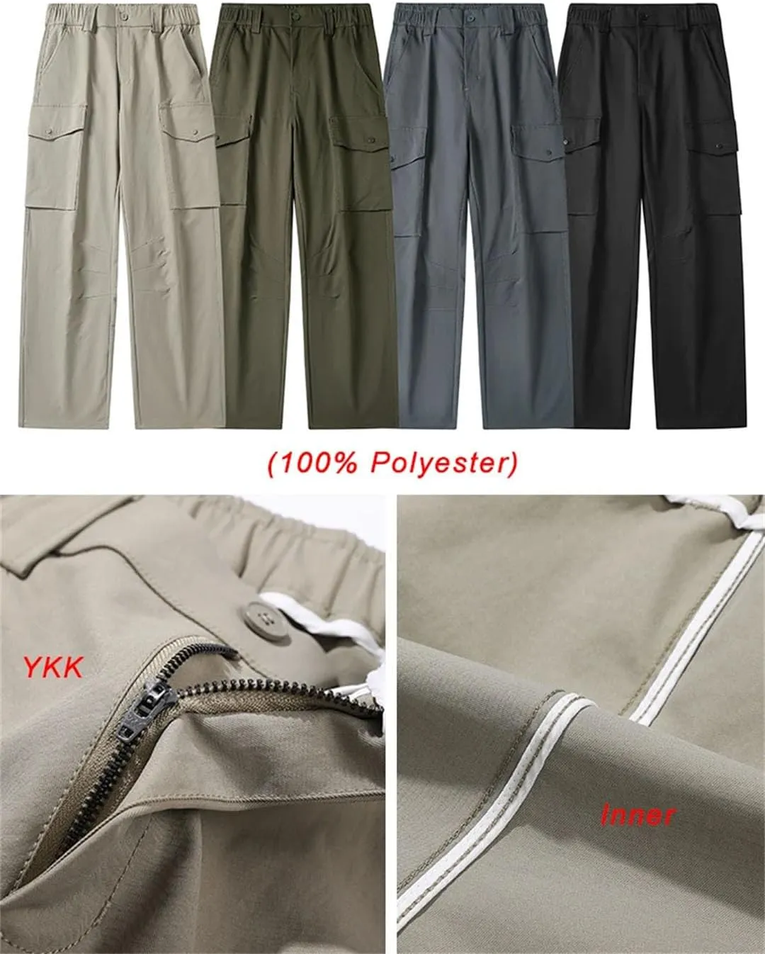 Men's Spring Autumn Straight Cargo Pants Multi-Pockets Elastic Waist Workwear Loose Casual Pants Solid Trousers