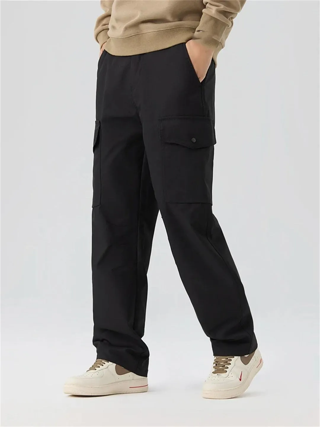 Men's Spring Autumn Straight Cargo Pants Multi-Pockets Elastic Waist Workwear Loose Casual Pants Solid Trousers