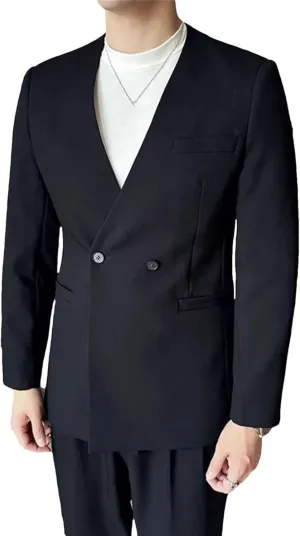 Men's Suit Jacket Collarless Solid Color Korean Style Slim Fit Blazer Summer Thin Business Casual Coat