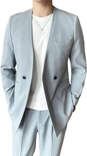 Men's Suit Jacket Collarless Solid Color Korean Style Slim Fit Blazer Summer Thin Business Casual Coat
