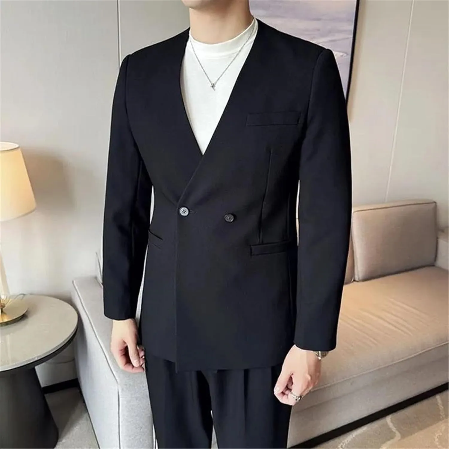 Men's Suit Jacket Collarless Solid Color Korean Style Slim Fit Blazer Summer Thin Business Casual Coat