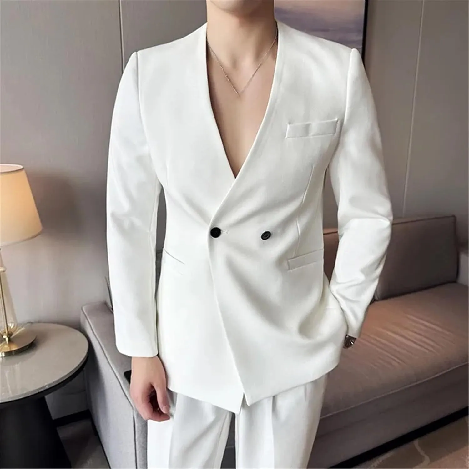 Men's Suit Jacket Collarless Solid Color Korean Style Slim Fit Blazer Summer Thin Business Casual Coat