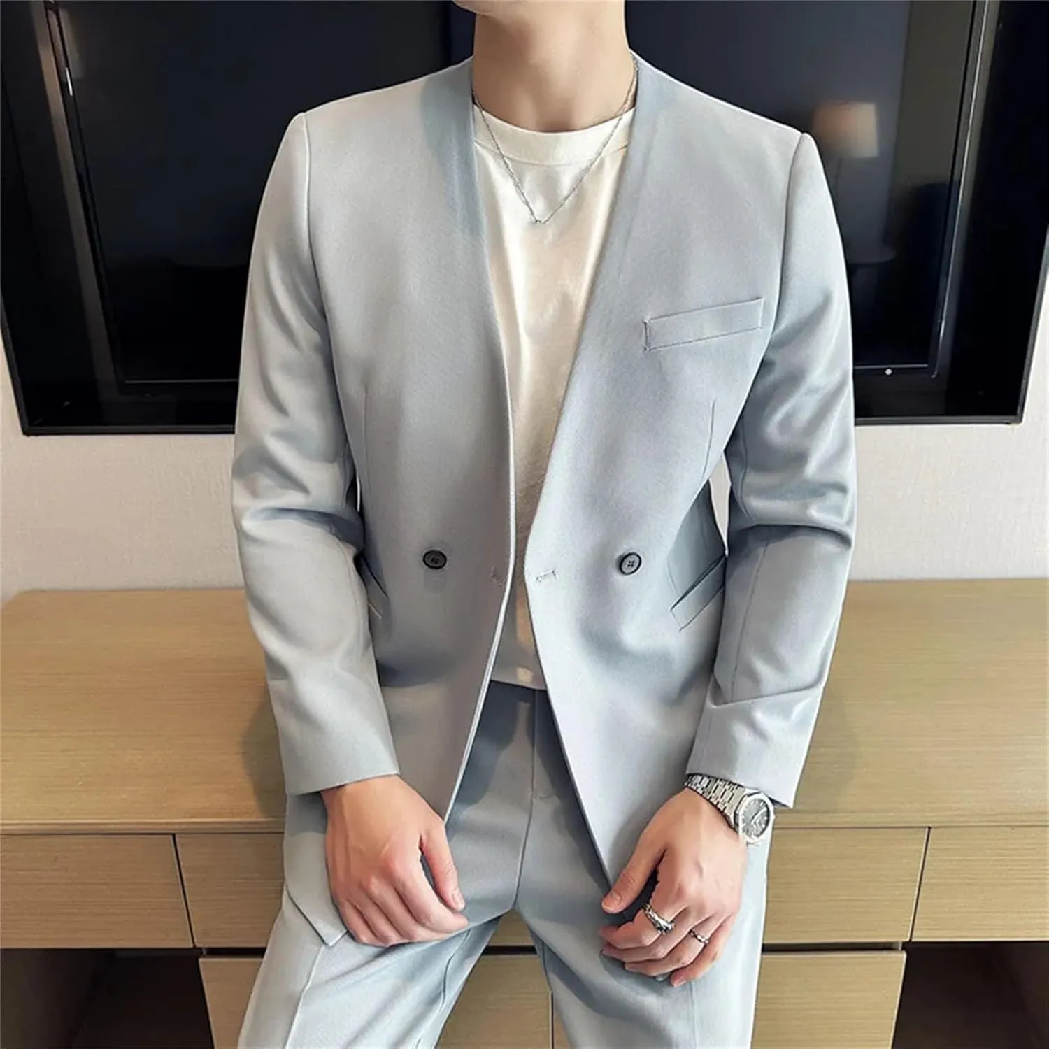 Men's Suit Jacket Collarless Solid Color Korean Style Slim Fit Blazer Summer Thin Business Casual Coat