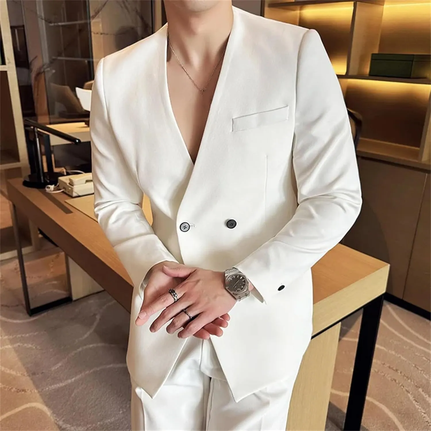 Men's Suit Jacket Collarless Solid Color Korean Style Slim Fit Blazer Summer Thin Business Casual Coat