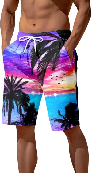 Men's Summer Hawaiian Shorts Drawstring Waist Lounge Short Pant Relaxed Fit Cycling Swimwear Beach Shorts Basketball Jogger Purple