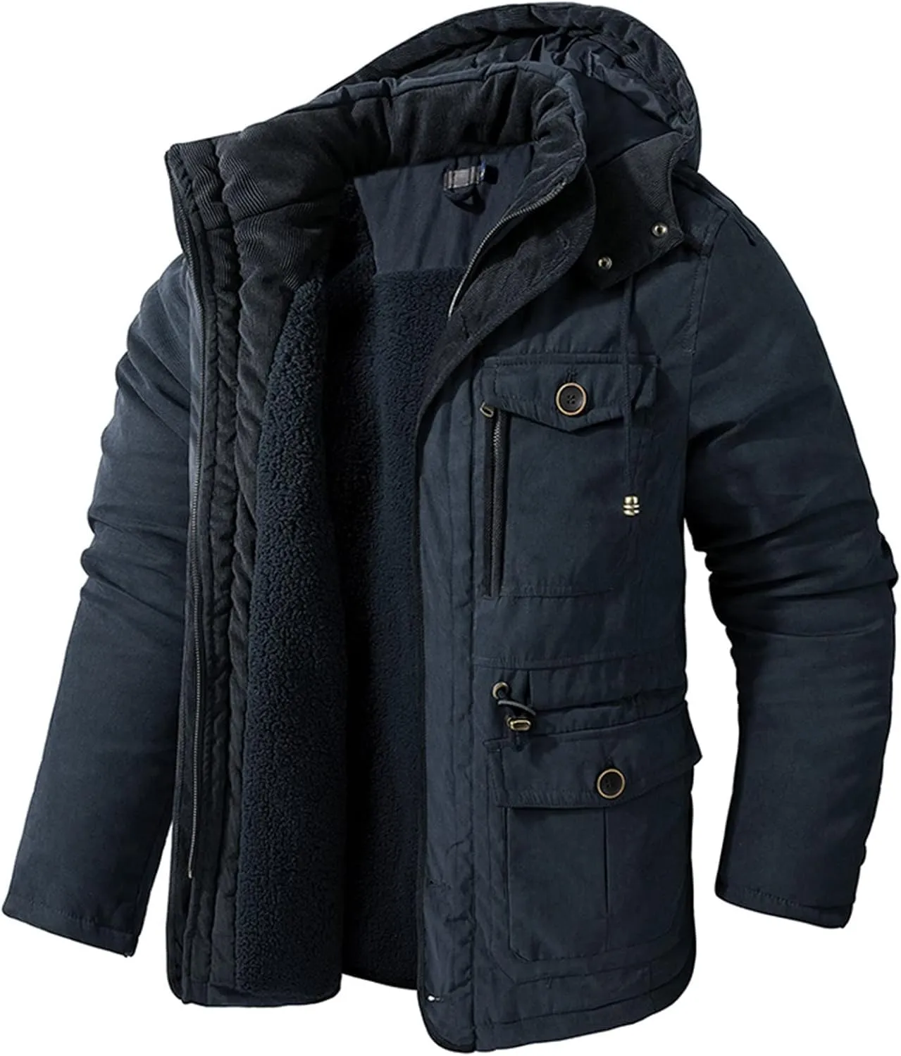 Men's Thickened Warm Winter Jacket Cashmere Fleece Inner Cotton Windbreaker Hooded Jacket Parka