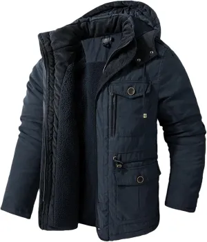 Men's Thickened Warm Winter Jacket Cashmere Fleece Inner Cotton Windbreaker Hooded Jacket Parka