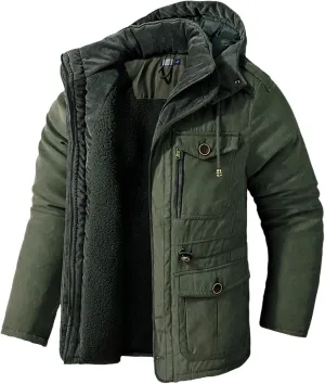 Men's Thickened Warm Winter Jacket Cashmere Fleece Inner Cotton Windbreaker Hooded Jacket Parka