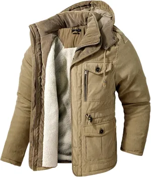 Men's Thickened Warm Winter Jacket Cashmere Fleece Inner Cotton Windbreaker Hooded Jacket Parka