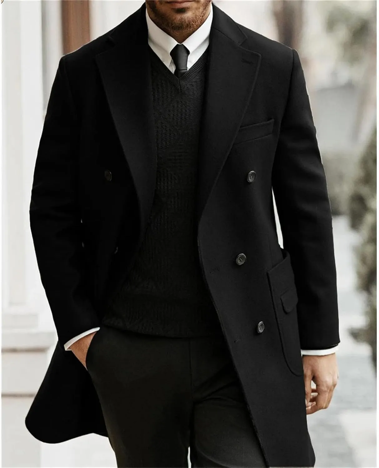 Men's Trench Coat Notched Lapel Full Business pea coat Casual Winter Warm Windbreaker peacoat jacket