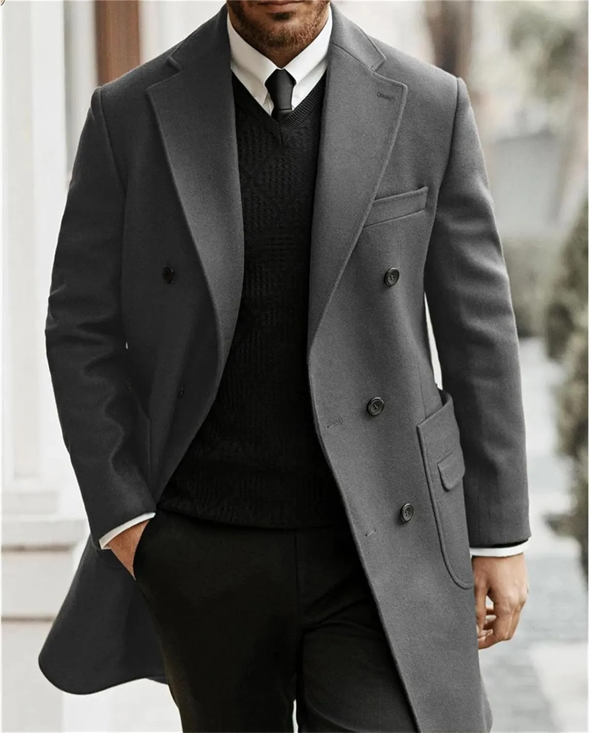 Men's Trench Coat Notched Lapel Full Business pea coat Casual Winter Warm Windbreaker peacoat jacket