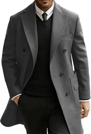 Men's Trench Coat Notched Lapel Full Business pea coat Casual Winter Warm Windbreaker peacoat jacket