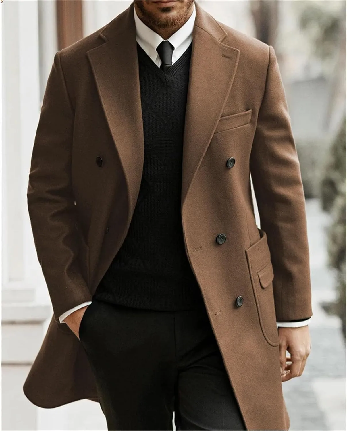 Men's Trench Coat Notched Lapel Full Business pea coat Casual Winter Warm Windbreaker peacoat jacket