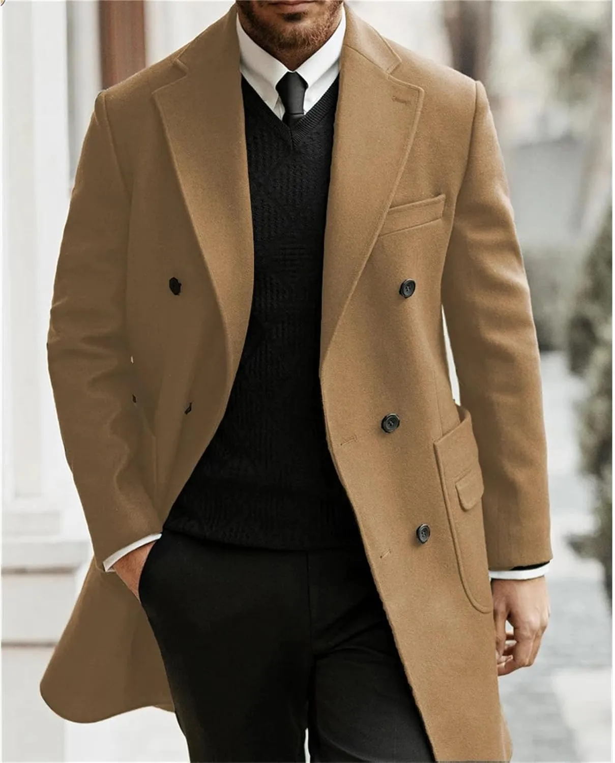 Men's Trench Coat Notched Lapel Full Business pea coat Casual Winter Warm Windbreaker peacoat jacket