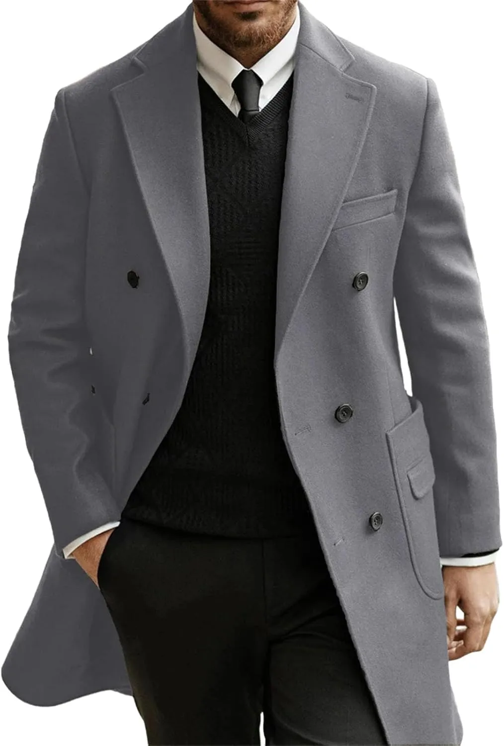 Men's Trench Coat Notched Lapel Full Business pea coat Casual Winter Warm Windbreaker peacoat jacket