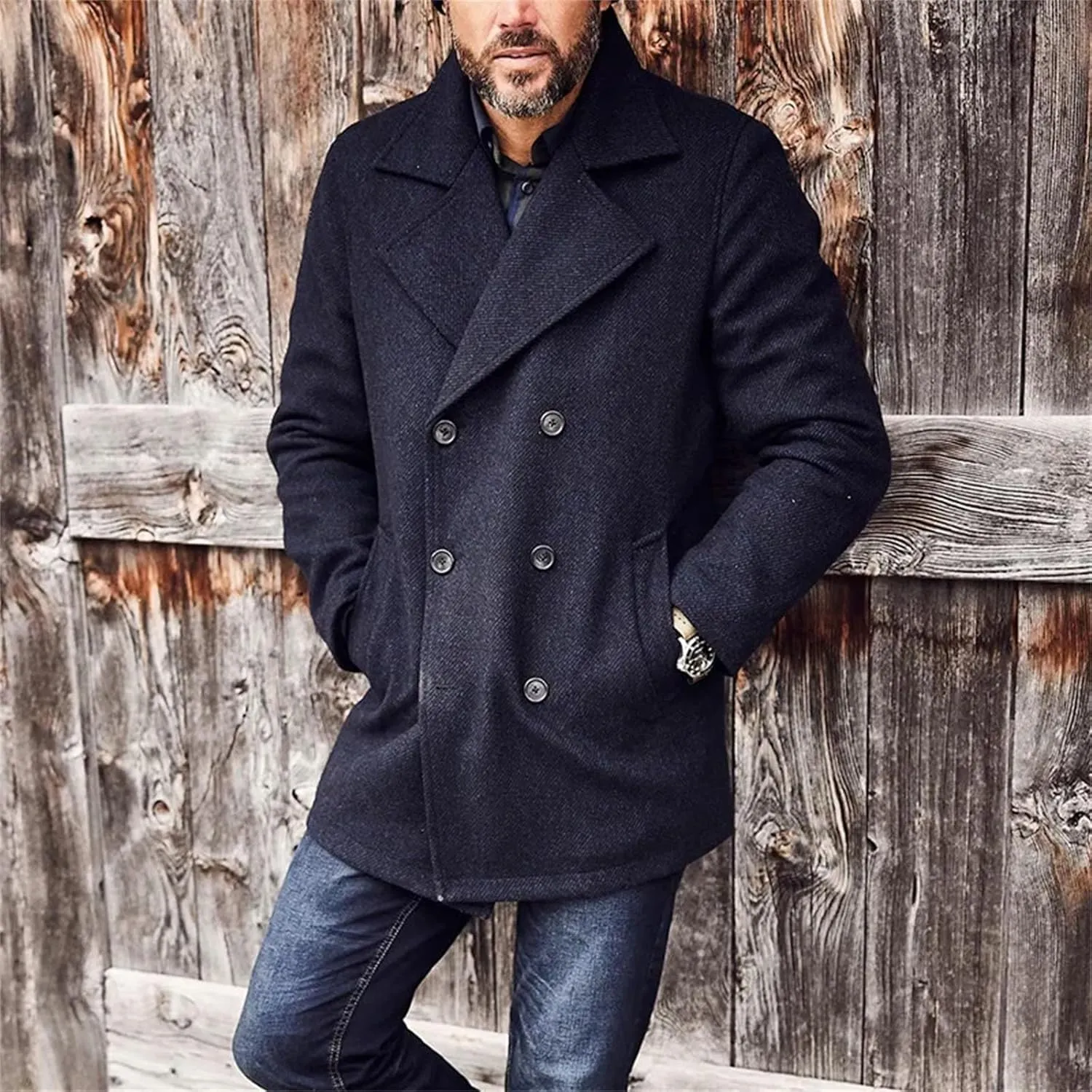 Men's Trench Coat Slim fit Casual Business pea coat Winter Warm peacoat jacket Windbreaker