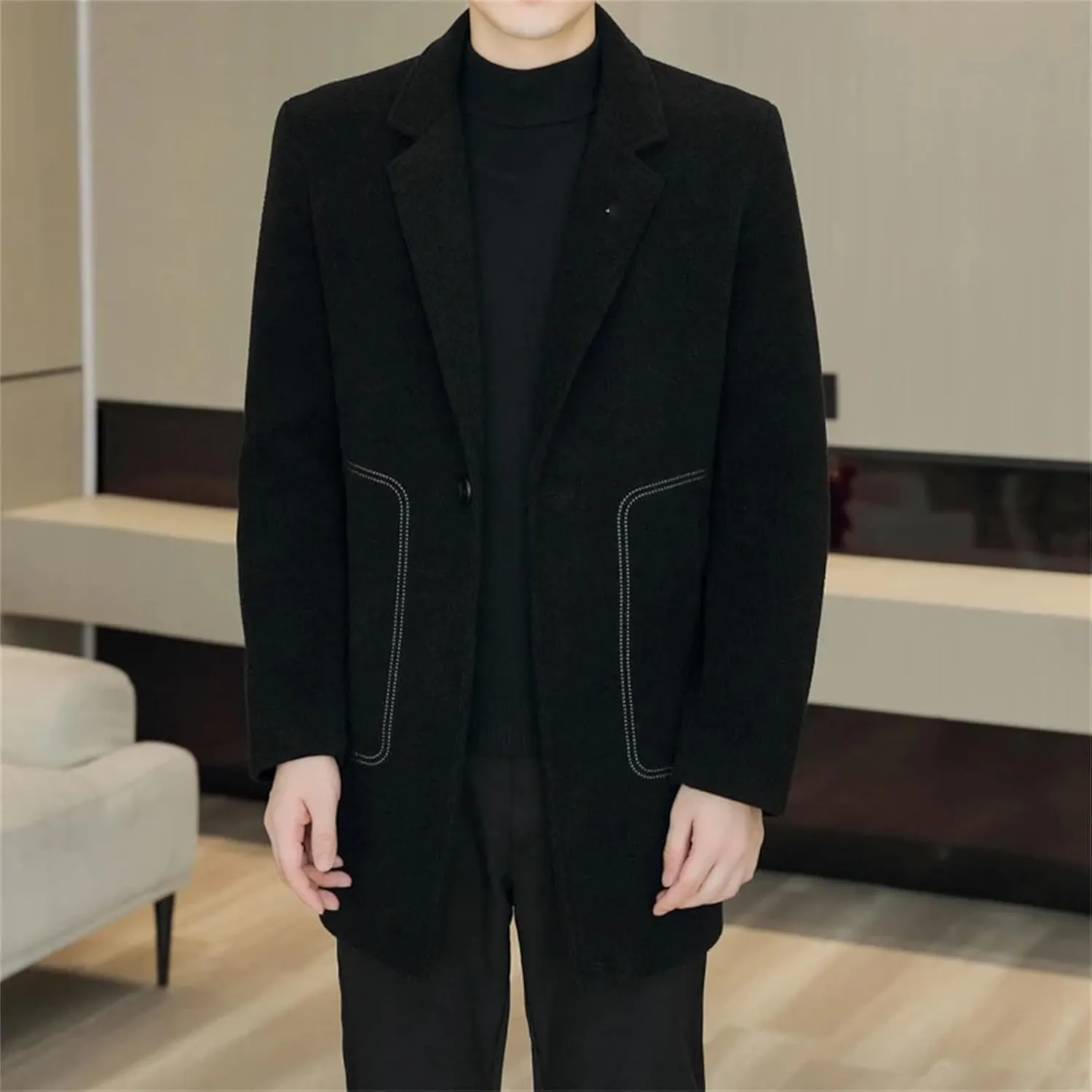 Men's Trench Mid-Length WoolenCoat Business pea coat Casual Winter Warm peacoat jacket Loose Windbreaker Tops