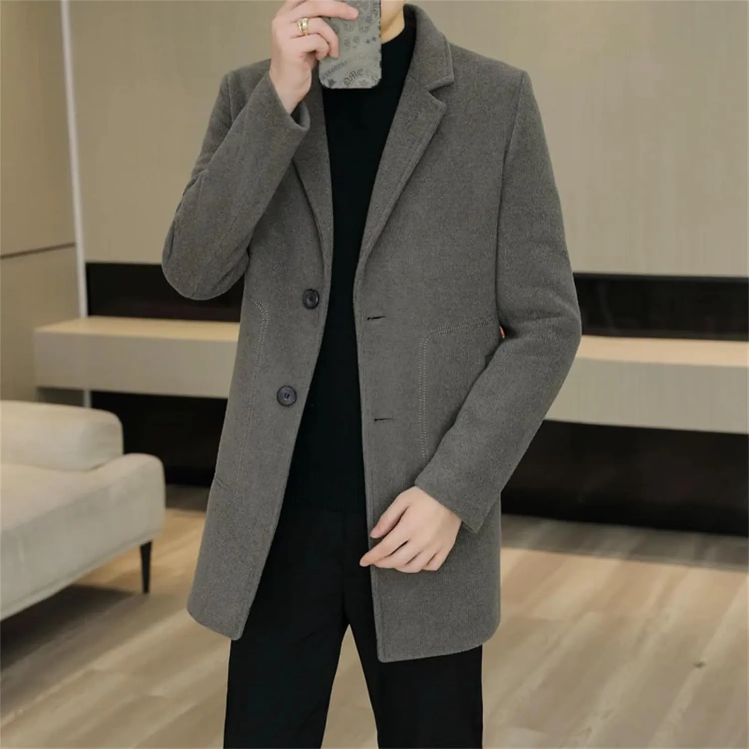 Men's Trench Mid-Length WoolenCoat Business pea coat Casual Winter Warm peacoat jacket Loose Windbreaker Tops
