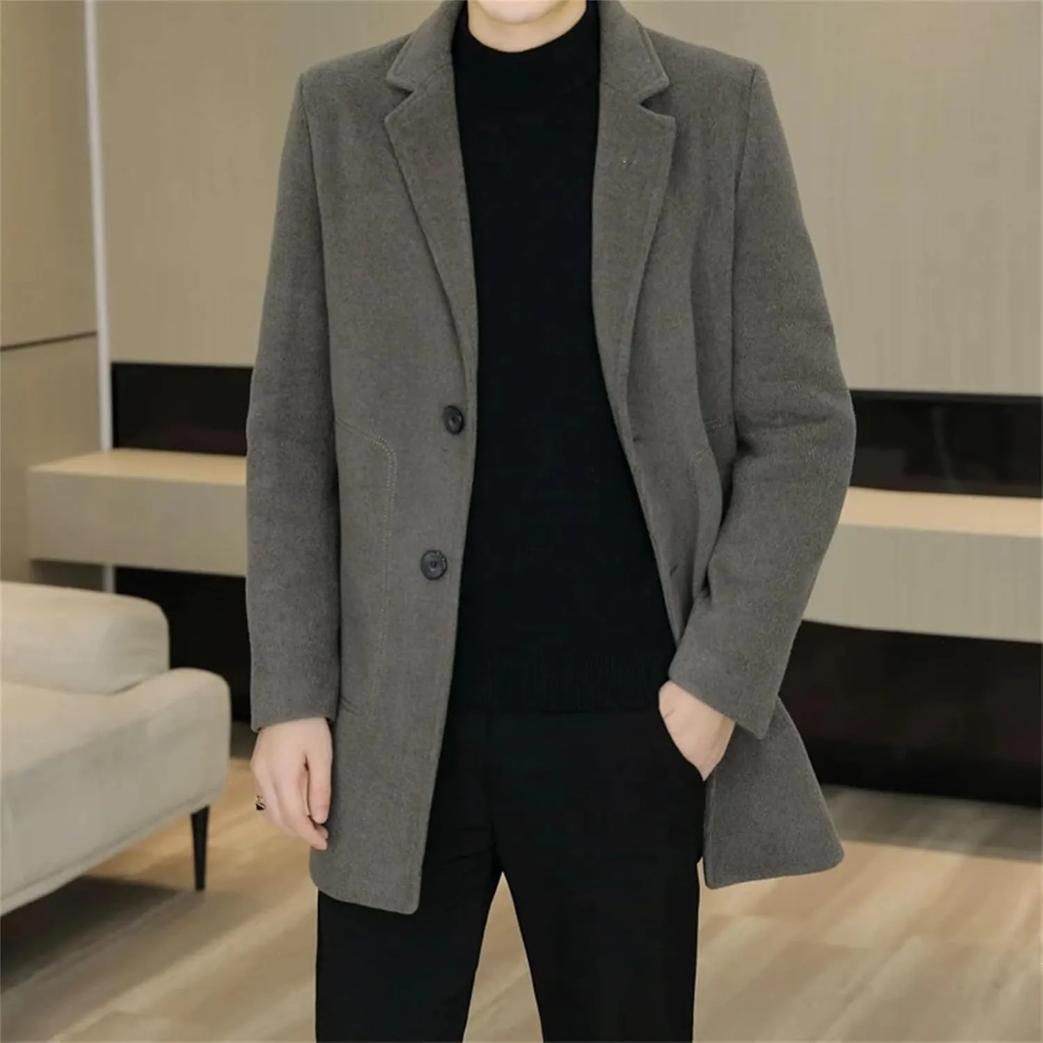 Men's Trench Mid-Length WoolenCoat Business pea coat Casual Winter Warm peacoat jacket Loose Windbreaker Tops
