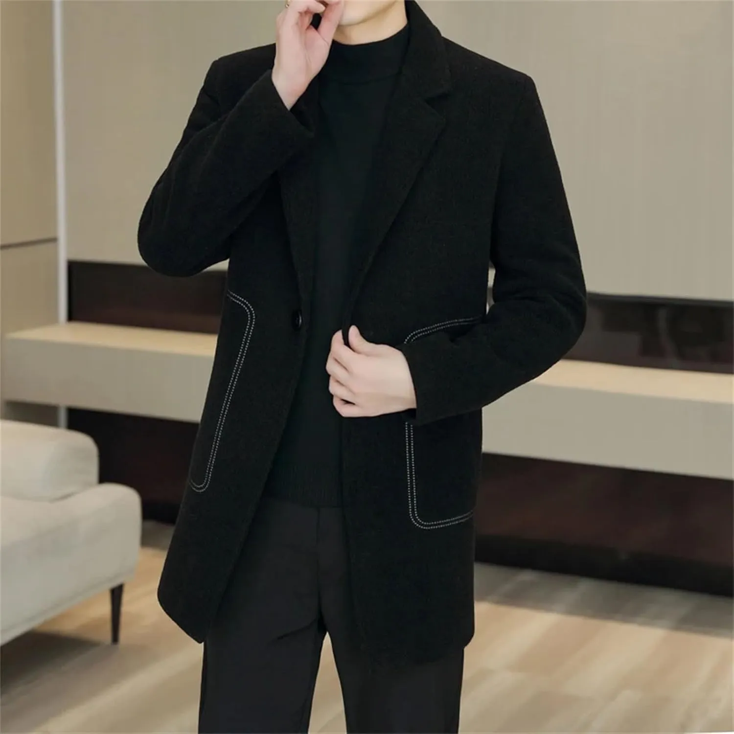 Men's Trench Mid-Length WoolenCoat Business pea coat Casual Winter Warm peacoat jacket Loose Windbreaker Tops