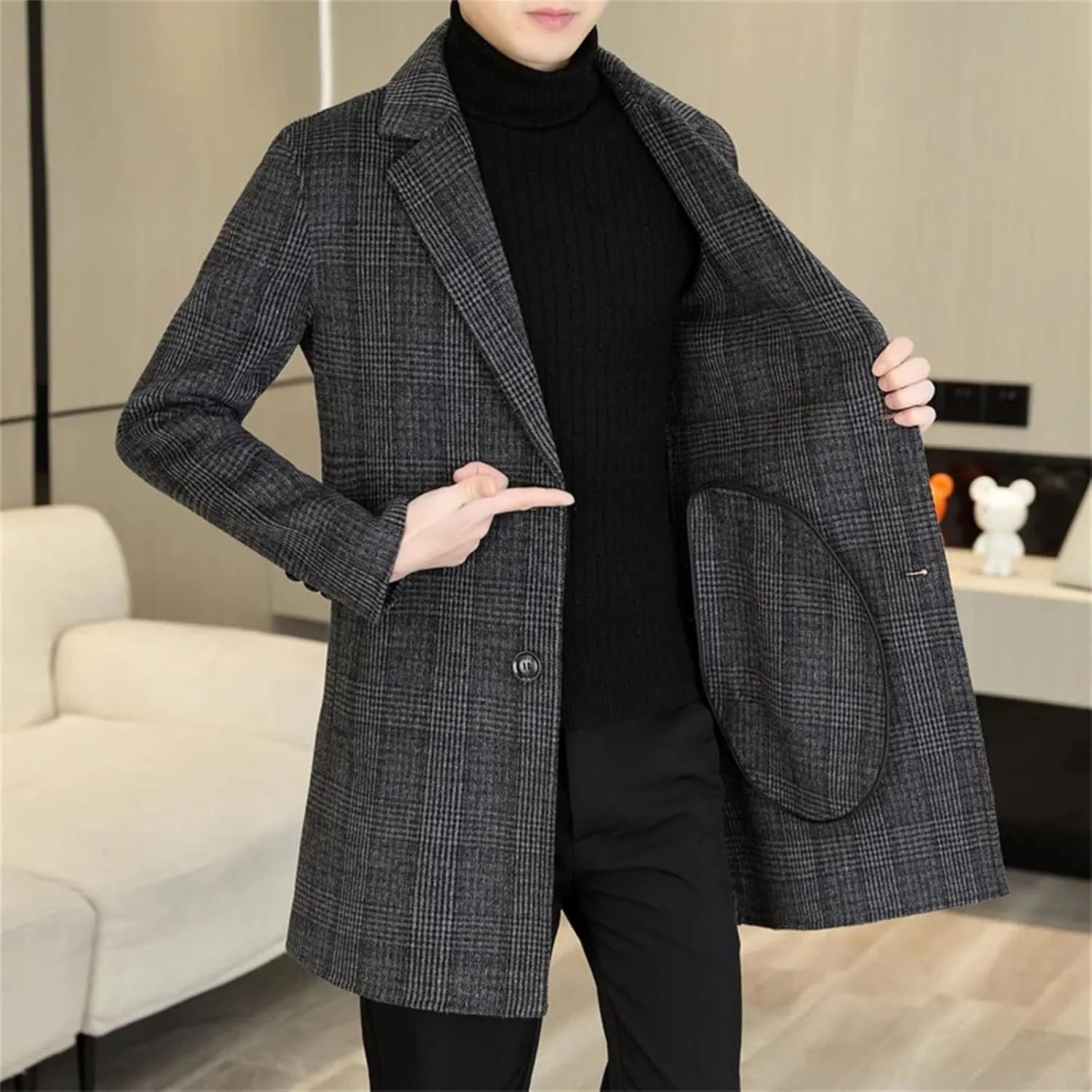 Men's Trench Woolen Coat Business pea coat Slim Winter Warm peacoat jacket Wool Overcoat Outwear Thick Jacket