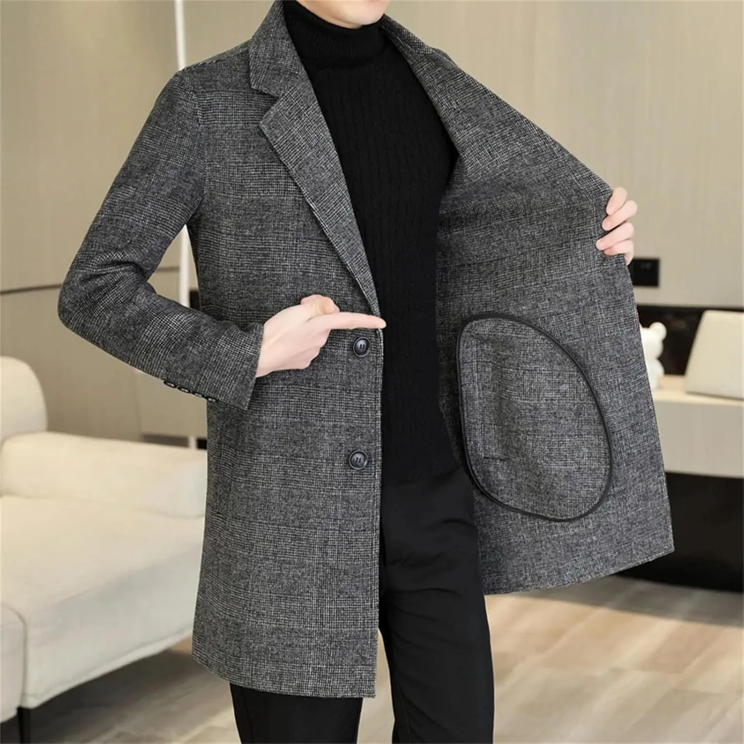 Men's Trench Woolen Coat Business pea coat Slim Winter Warm peacoat jacket Wool Overcoat Outwear Thick Jacket