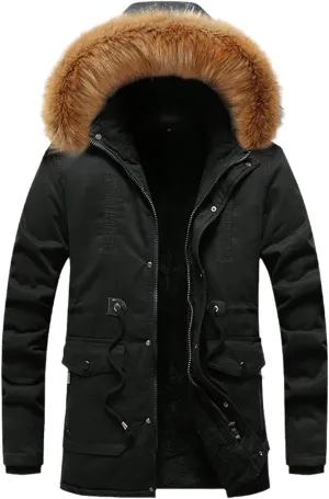 Men's Winter Jacket Hooded Fur Collar Thickened Jacket Fleece Lined Parka Casual Windproof Thermal Coat