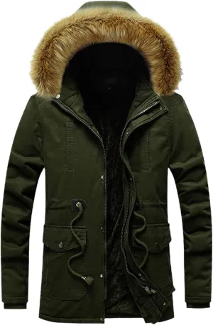 Men's Winter Jacket Hooded Fur Collar Thickened Jacket Fleece Lined Parka Casual Windproof Thermal Coat