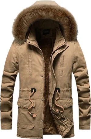Men's Winter Jacket Hooded Fur Collar Thickened Jacket Fleece Lined Parka Casual Windproof Thermal Coat