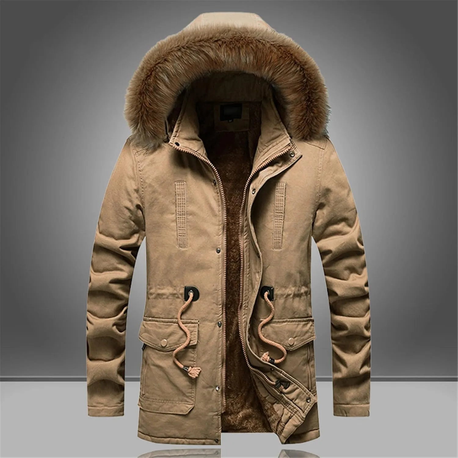 Men's Winter Jacket Hooded Fur Collar Thickened Jacket Fleece Lined Parka Casual Windproof Thermal Coat