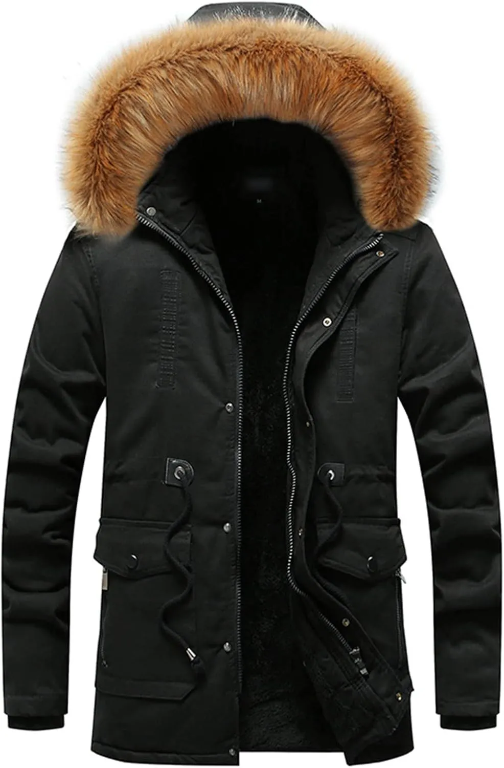 Men's Winter Jacket Hooded Fur Collar Thickened Jacket Fleece Lined Parka Casual Windproof Thermal Coat