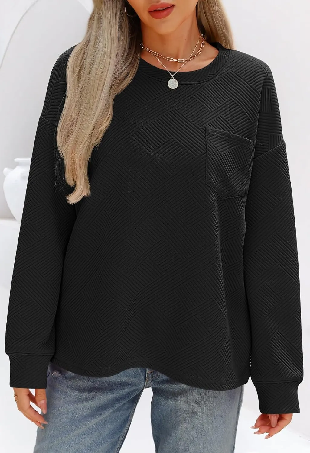 MEROKEETY Women's 2024 Fall Long Sleeve Oversized T Shirt Casual Crewneck Basic Textured Pullover Sweatshirt Tops