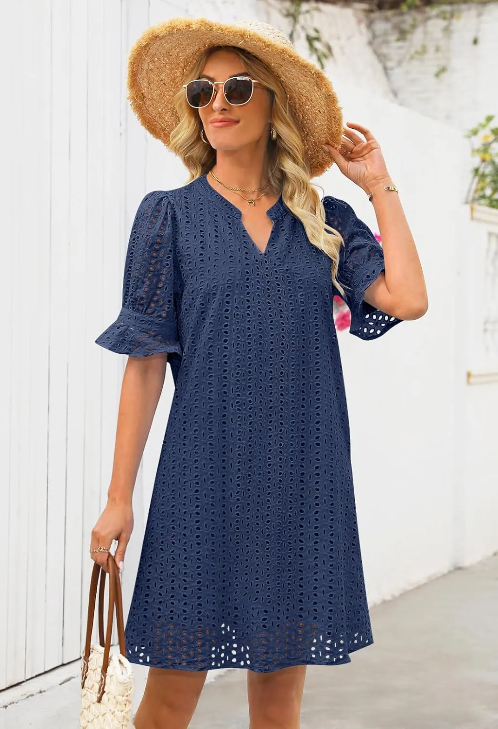 MEROKEETY Women's 2025 Summer Short Sleeve Mini Dress V Neck Ruffle Hollow Out Eyelet Lace Dresses